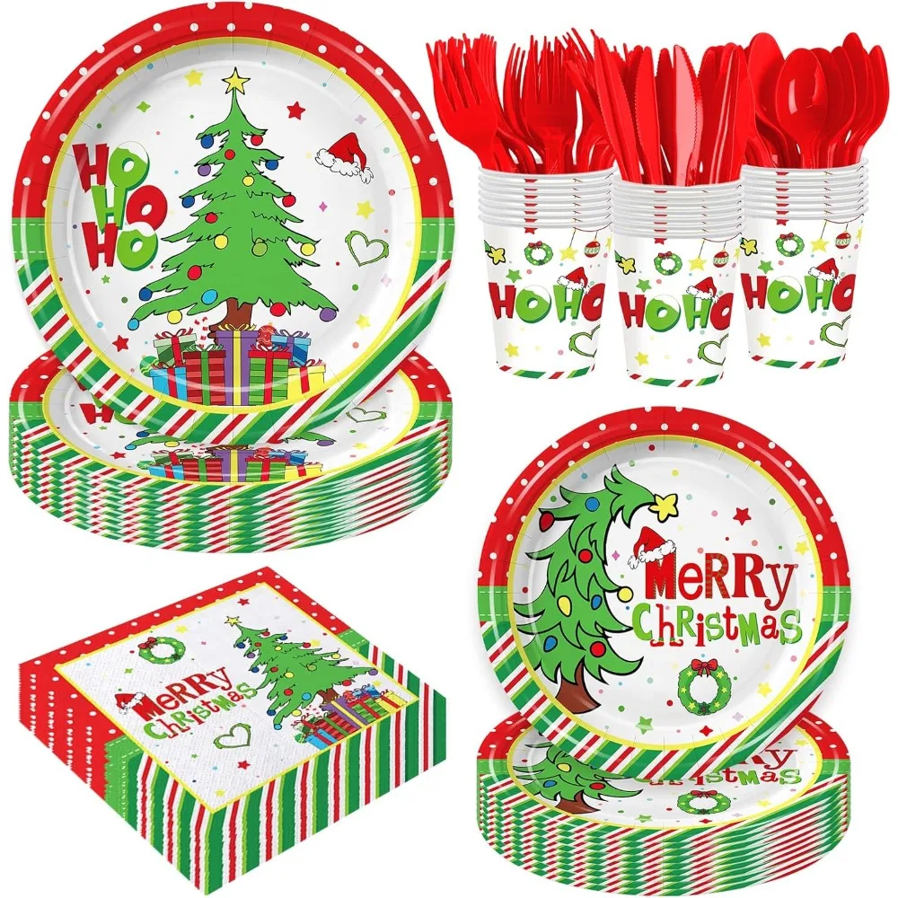 

168Pcs Christmas Party Supplies Green Red Christmas Plates and Napkins Tableware Sets for Xmas Party Decorations Serves