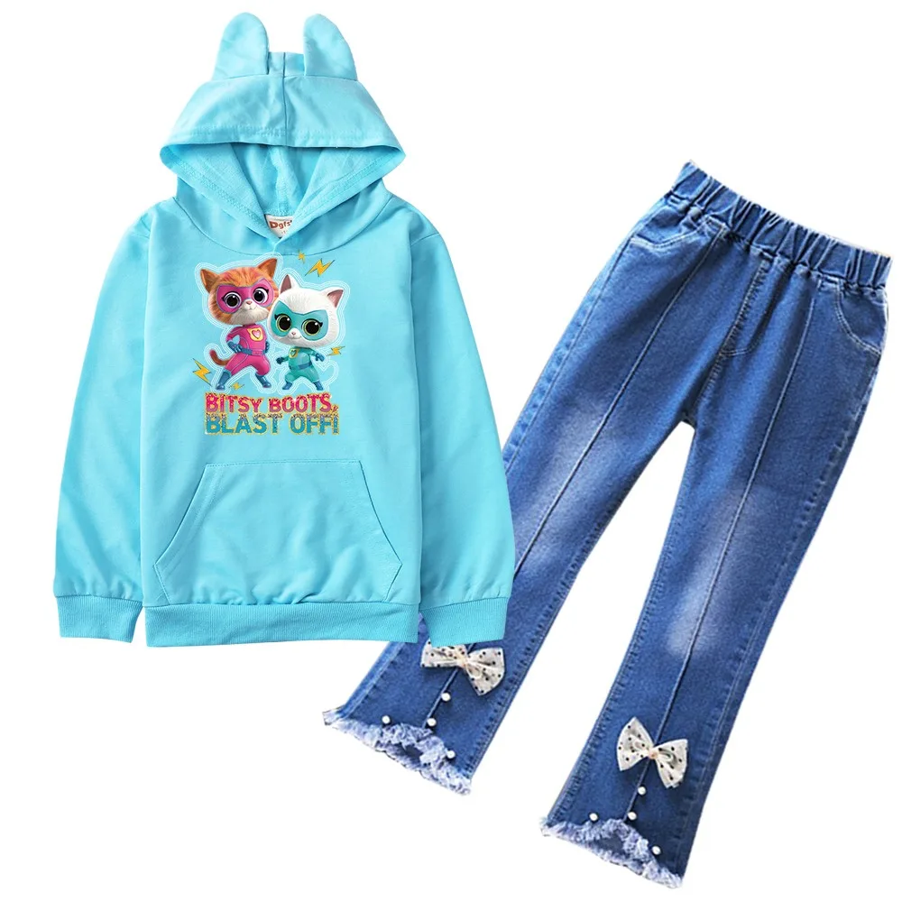 Setelan baju anak perempuan, setelan kartun Superkitties pakaian musim semi musim gugur Pullover Hoodie + celana Jeans denim 2 potong