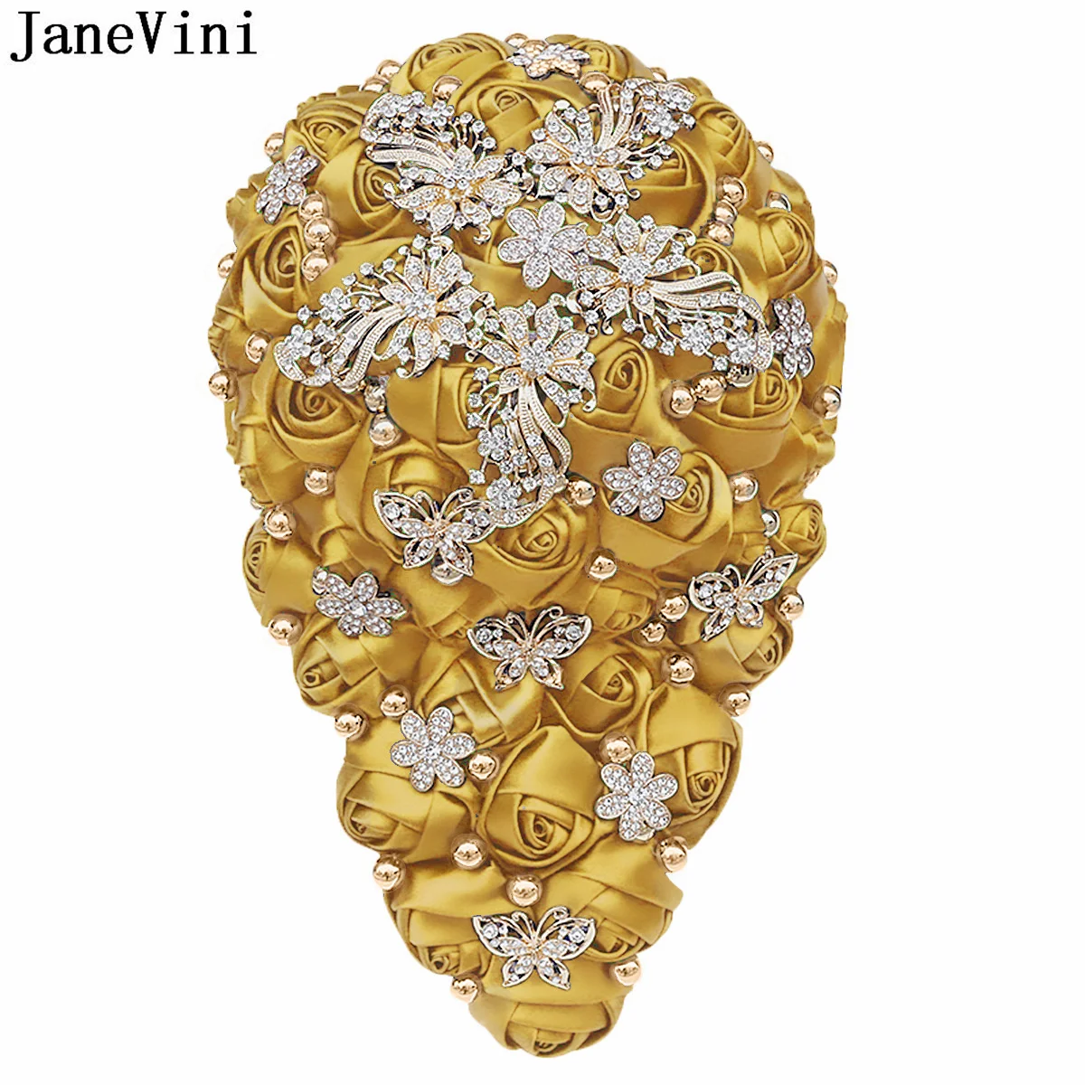 

JaneVini Gold Rhinestones Beaded Waterfall Wedding Bouquet Fleur Mariage 2022 Luxurious Crystal Navy Satin Rose Bridal Flowers