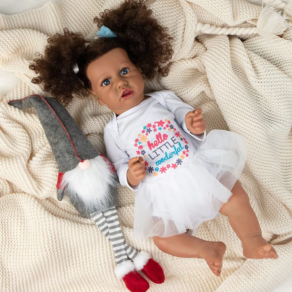 Reborn Baby Doll 55cm Black Girl with Soft Silicone Body African American Reborn Doll Realistic Doll Toy Birthday XMAS Gifts