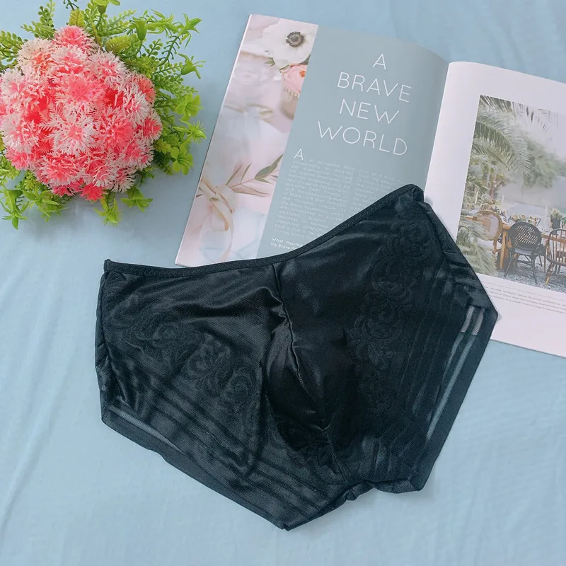 Mens Briefs Satin Jacquard Silky Panties Low Waist Pouch Underwear Seamless See Through Lingerie Crossdressing Sissy Brief
