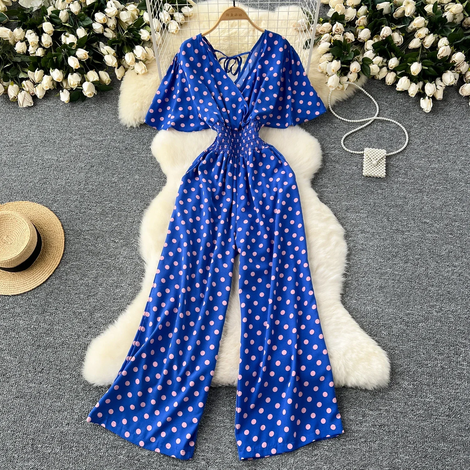 New Summer Polka Dot Romper Women Elegant V-Neck Short Sleeve High Waist Jumpsuit Female Loose Wide Leg Playsuits Fashion