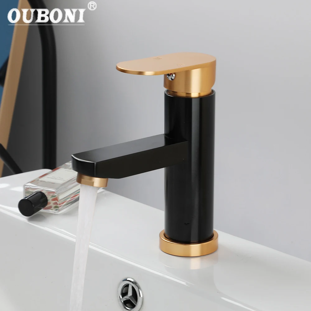 OUBONI Bathroom Basin Faucet Stream Spout Deck Mounted Black Paired With Golden Handle Mixer Taps Single Handle Control Faucets