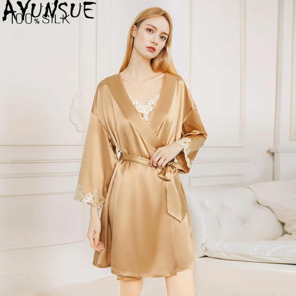 AYUNSUE 19Mm 100% Mulberry Silk Robe Women Spring Summer Elegant Pajama Women's Home Clothes Casual Robes for Woman Morning Robe