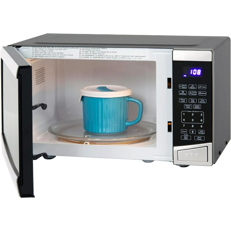 Microwave Oven 900-Watts Compact with 10 Power Levels and 6 Pre Cooking Settings, Speed Defrost, 0.9 cubic feet, Stainless Steel