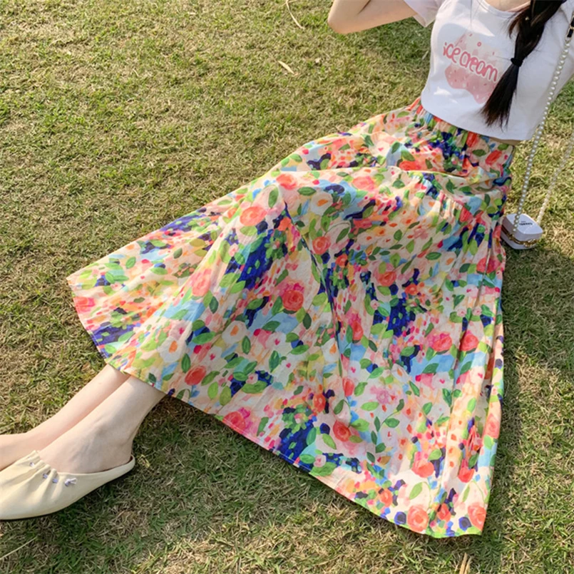 

Повседневные свободные женские юбки трапециевидной формы с принтом, 2025 г., элегантные длинные юбки, хлопковые юбки с эластичной резинкой на талии, уличная женская одежда 6XL 7XL