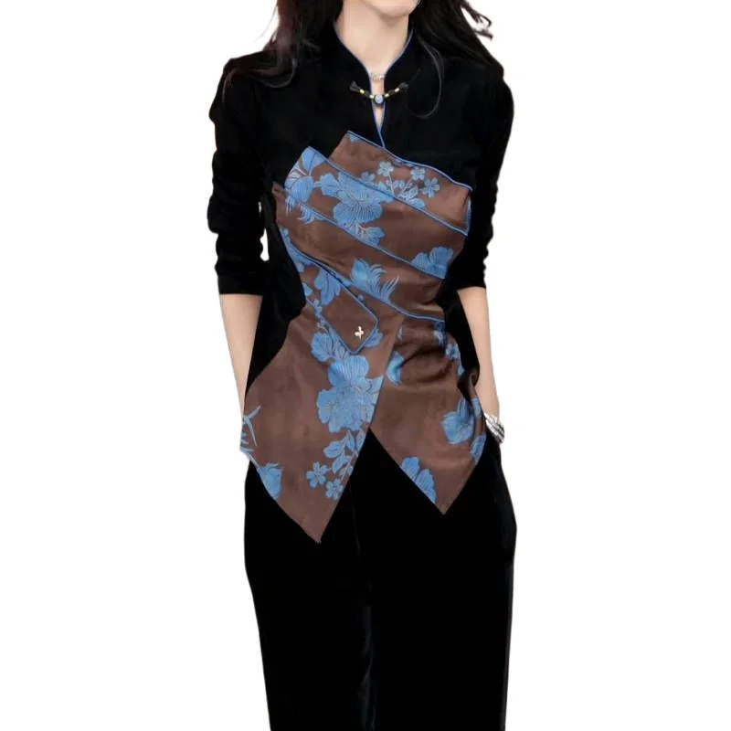 

Новая китайская возрастная рубашка с принтом, осенняя новая мода, красивый дизайн в иностранном стиле, бархатный топ с воротником-стойкой