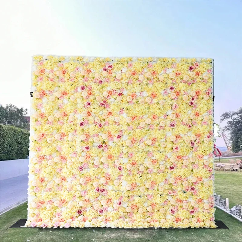 Customized Fabric Based Artificial Flower Wall with Yellow Rose Arrangement for Outdoor Wedding Decoration Gradient Flower Wall