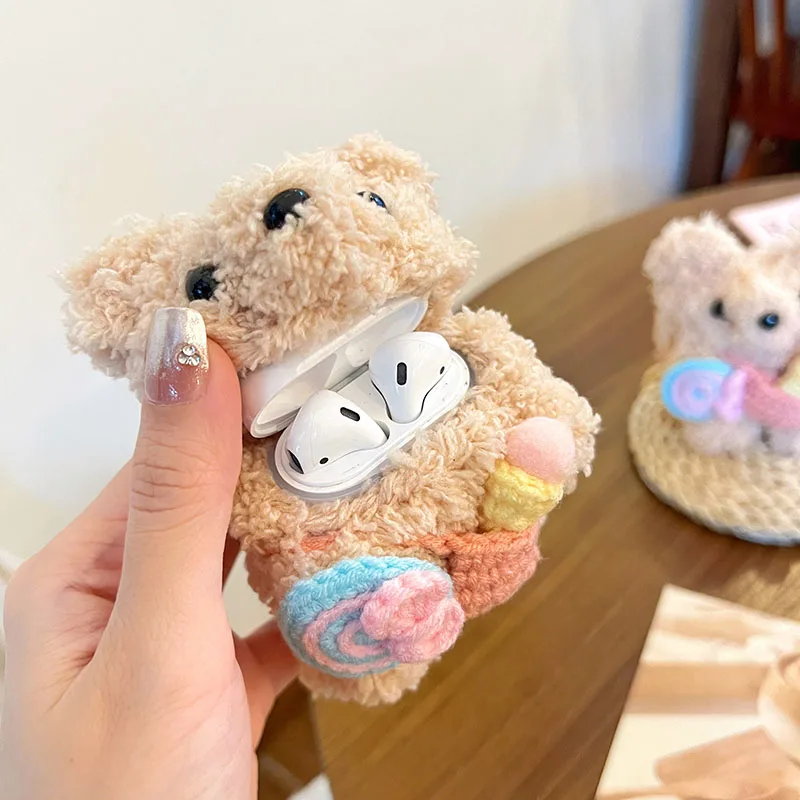 롤리팝이 달린 곰 보호 커버, 애플 에어팟 2, 3 세대용, 부드럽고 푹신한 퍼지 케이스, 에어팟 프로 2 세대 에어팟