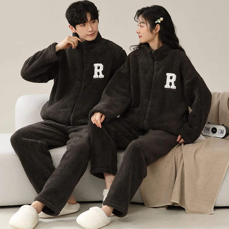 

Newest Couple Pajama Set Women Men Casual Sleepwear Warm Flannel Pyjamas