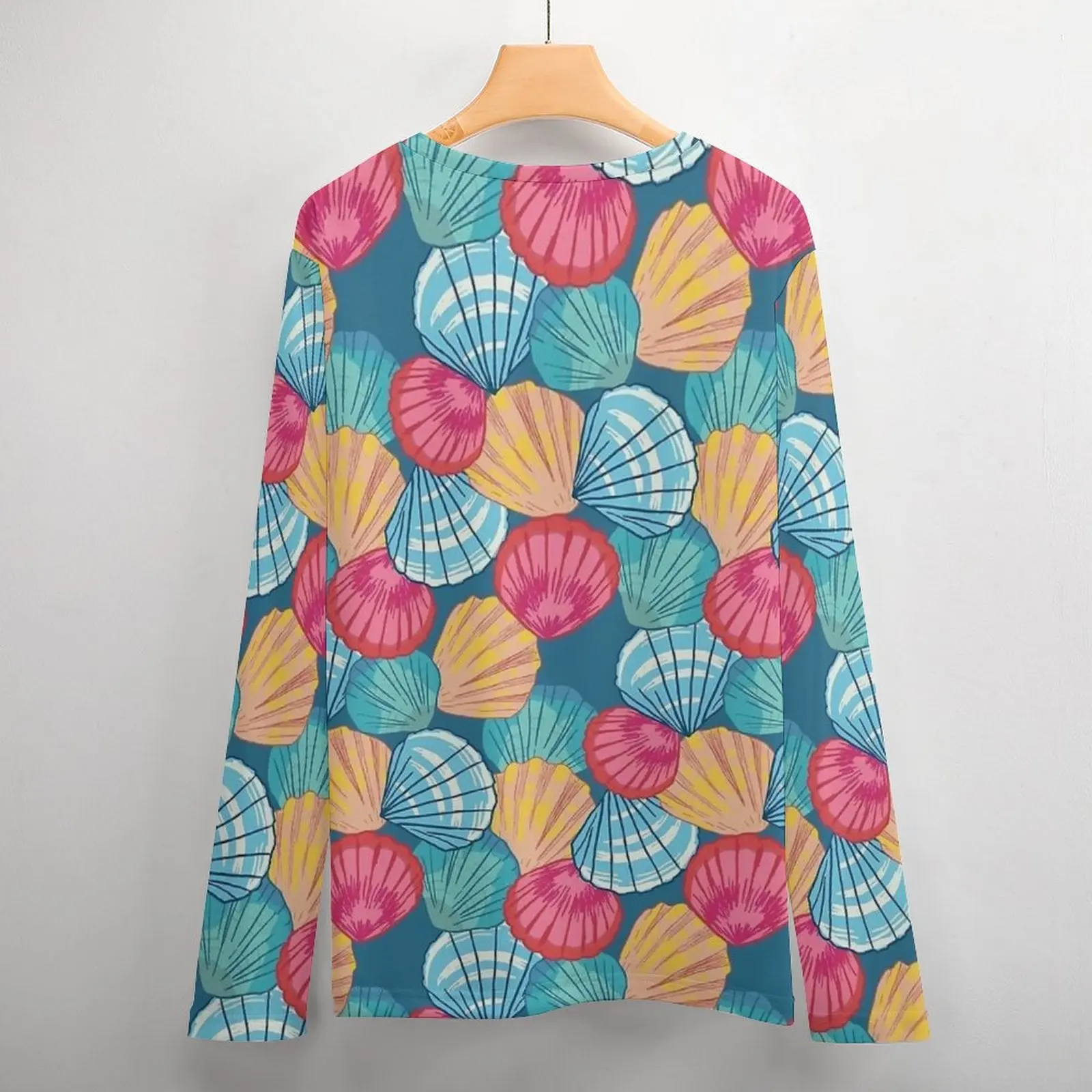 Sea Shells T-Shirt Colorful Print Hippie T-Shirts With Pocket Long Sleeve Graphic Tops Autumn Y2K Oversize Tees