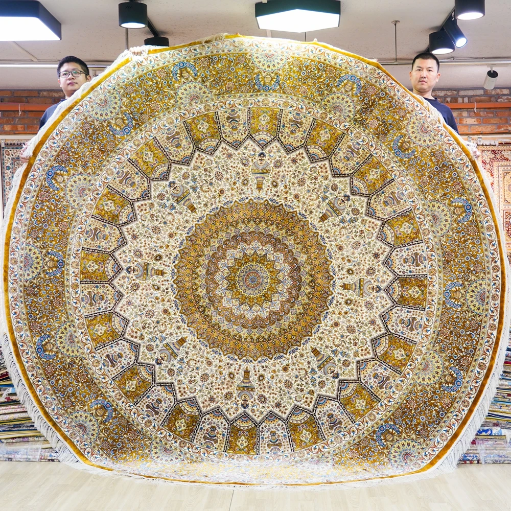 305x305cm Traditional Yellow Floral Hand Knotted Large Persian Silk Round Carpet (TJ844A)