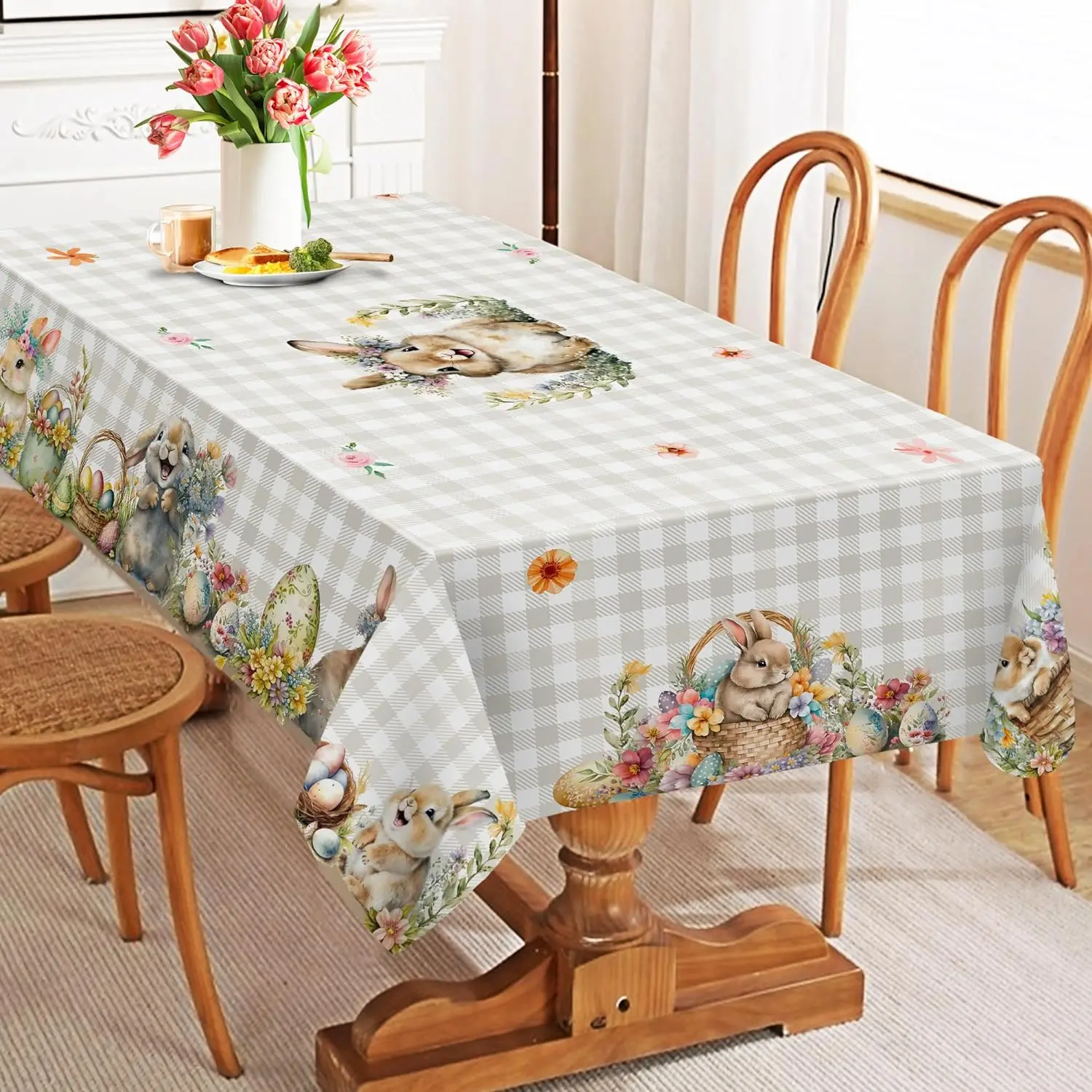Easter Eggs Bunny Floral Tablecloth Party Table Decor Spring Colorful Flower Buffalo Plaid Dining Table Cloth Easter Decorations