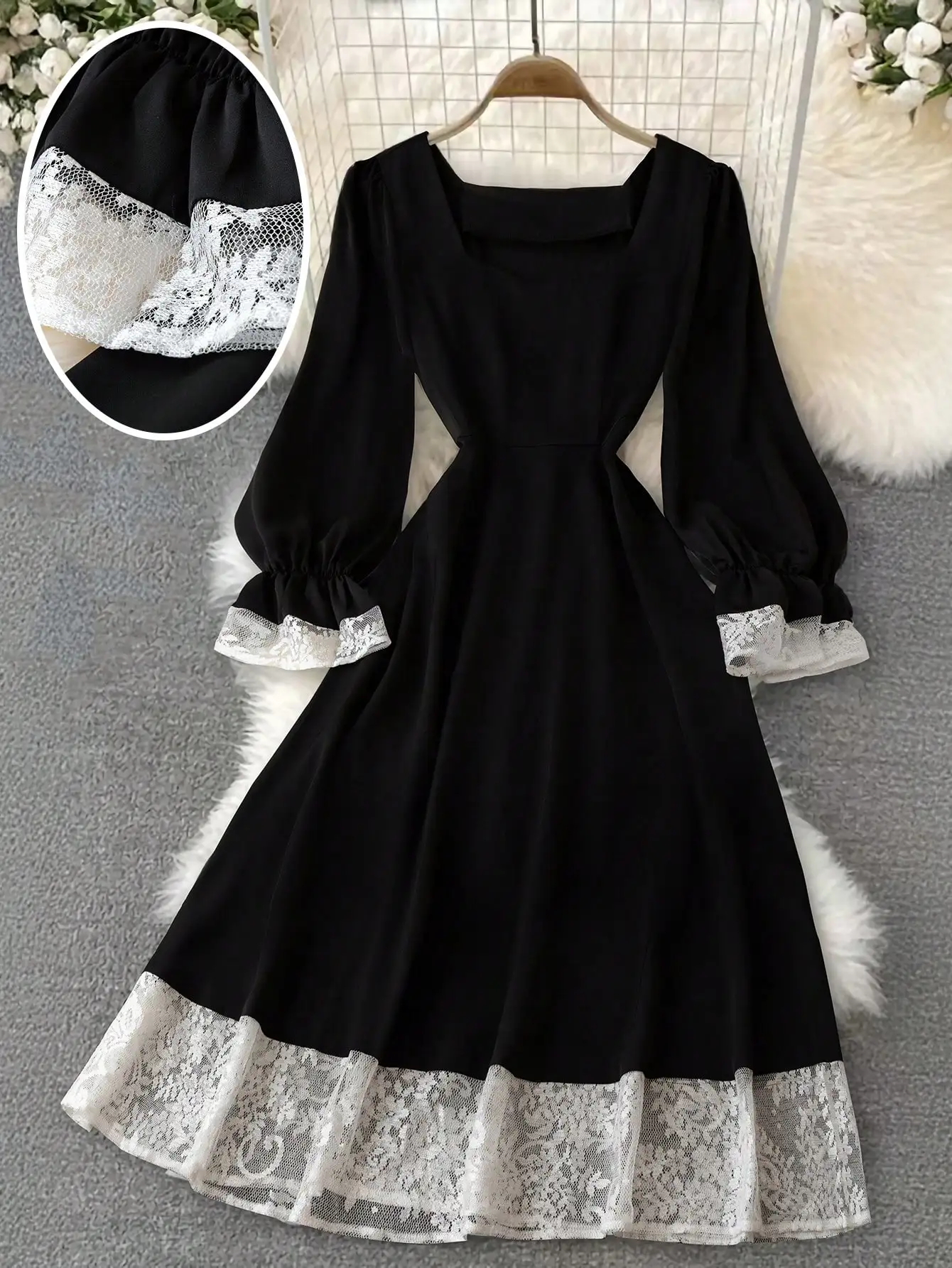 

Black Square Neck Long Sleeve Lace Trim A-Line Midi Dress