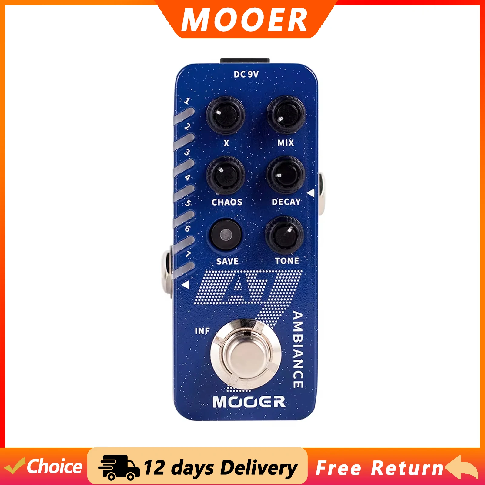 MOOER A7 Gitaar Ambiance Reverb Effectpedaal met 7 ingebouwde reverb-effecten, oneindige sustain buffer en True Bypass, elektrische gitaarpedaal