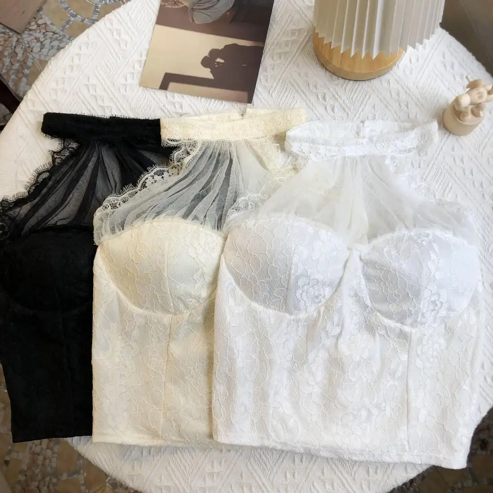 

Spicy Girl Style Hollow Lace Camisole Transparent Sleeveless Lace Halter Corset Crop Tops Slim Fit Suspender Vest Ladies