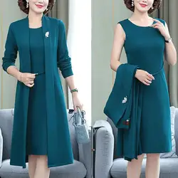 Women Dress Coat Suit Elegant Long Coat Dress Set Middle-age Women Formal Suit Set Long Cardigan O Neck Sleeveless Dress Kit