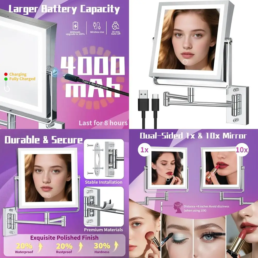 Beleuchteter doppelseitiger Schminkspiegel mit 4000 mAh Akku, 360 °   Rotation, 3 Lichtfarben, Touch-Dimmbar und 1X/10X Magnifica