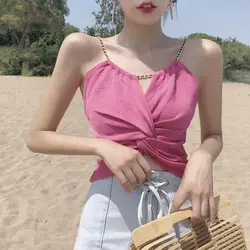 Camisole Female Korean Fashion Pleated Solid Color Sling Sleeveless Top Tee Summer Simplicity Irregular Slim Thin Camis 2024 New