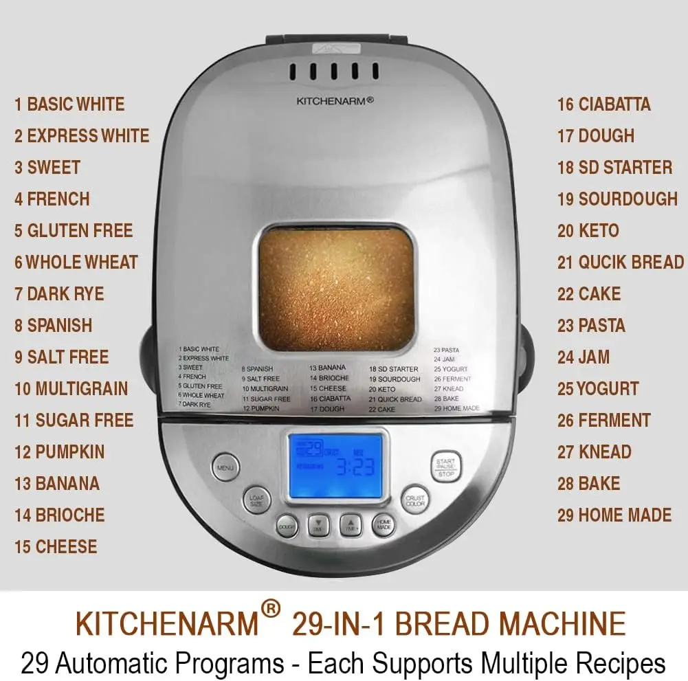 KITCHENARM 29-in-1 SMART Bread Machine with Gluten Free Setting 2LB 1.5LB 1LB Bread Maker Machine with Homemade Cycle