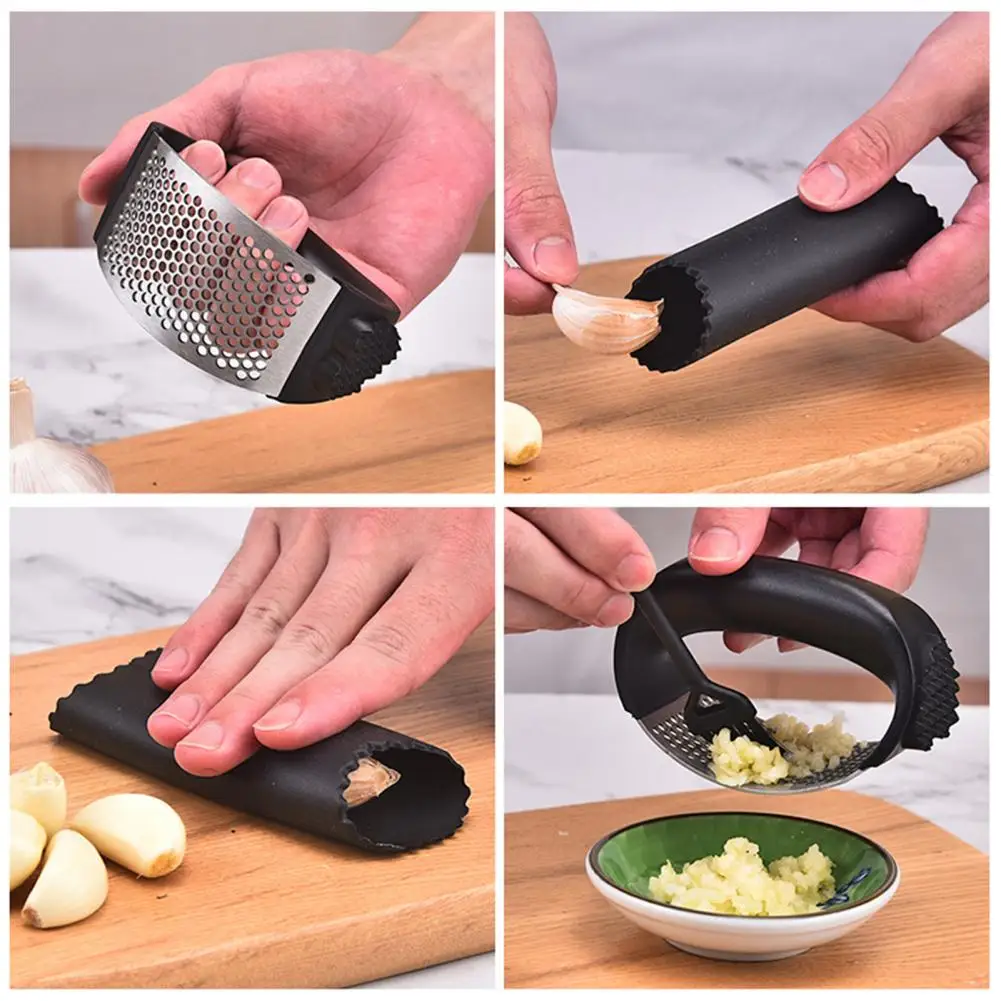 Garlic Mincer Garlic Grinder Stainless Steel Garlic Press Rocker Set with Peeler Brush Durable Kitchen Tool for Crushing 3 Piece