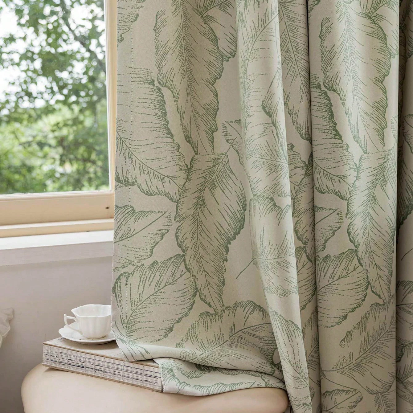 

Pastoral Printed Green Leaf Blackout Curtains For Living Room,Noise Reduction Curtains For Bedrooms,Easy To Install Curtains