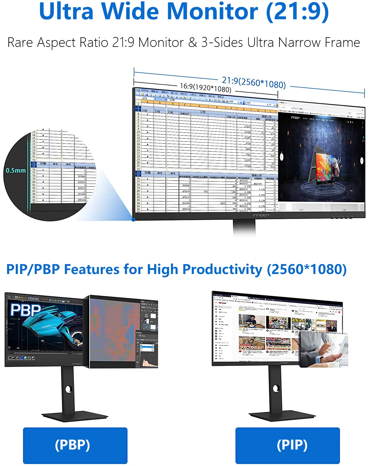 INNOCN شاشة عرض واسعة للغاية مقاس 26 بوصة 21:9 كمبيوتر 2560 × 1080 بكسل 60 هرتز Type-C DisplayPort HDMI 2.0 شاشة كمبيوتر - 26C1F-D #2