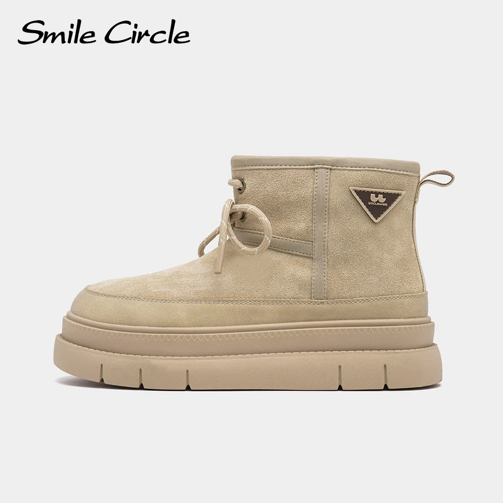 Smile Circle Women Snow Boots Suede Leather Warming Round-toe platform Boots Winter Lace up Fashion Boots