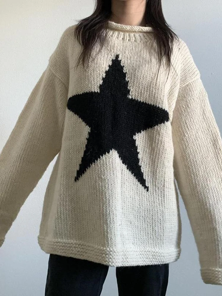 

Spring Autumn Knit Women's Sweater Loose Casual O-neck Star Thick Casual Pullover Female Jumper Elegant Trendy Long Sleeves Tops