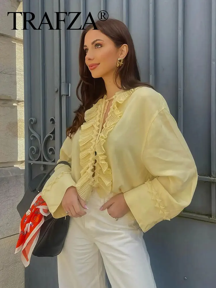 TRAFZA Camicie a maniche lunghe casual chic estive da donna Decorazione a strati giallo chiaro Camicette con lacci con scollo a V alla moda da donna