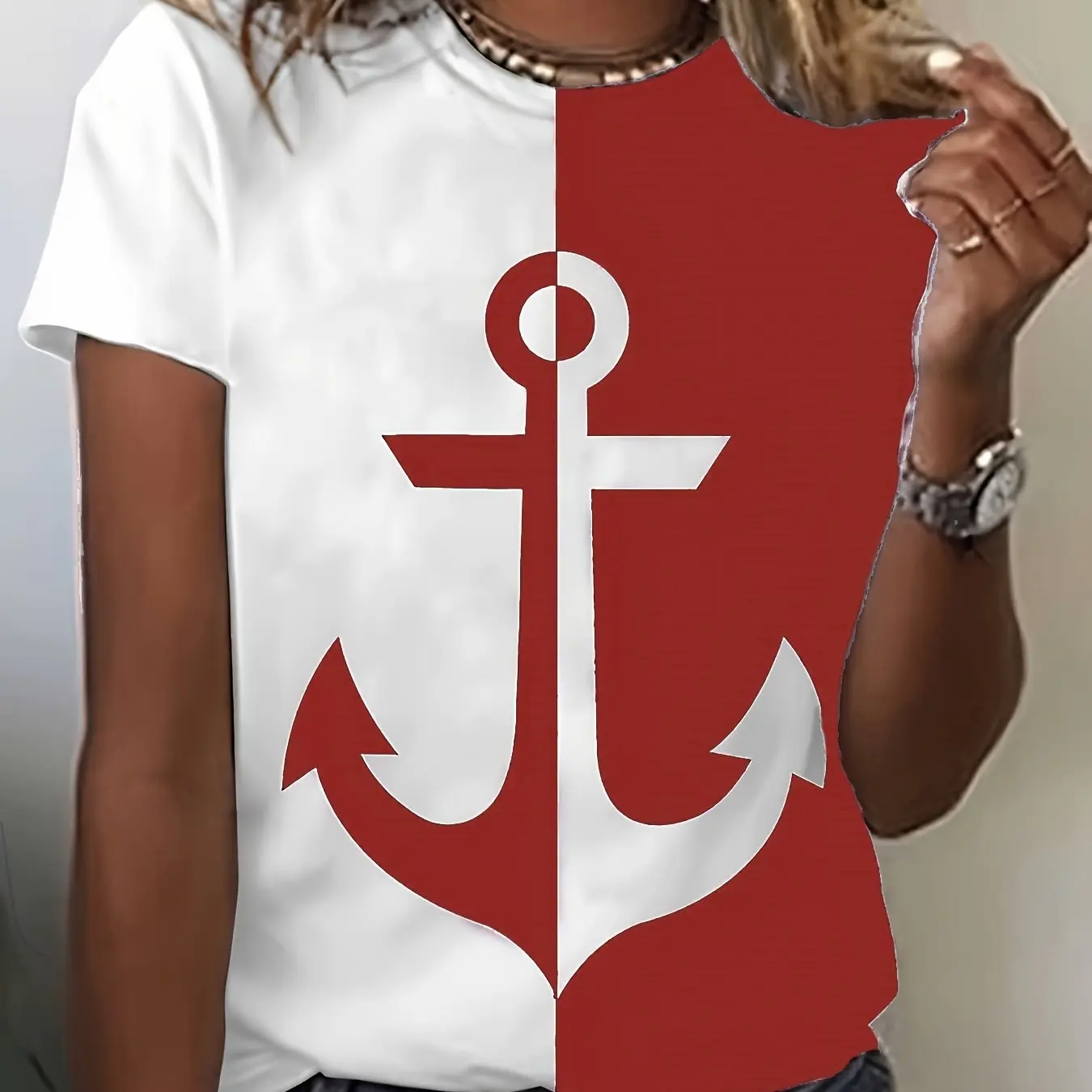 New summer fashion women\'s t-shirt 3D anchor print color matching casual fashion round neck short sleeve summer women\'s t-shirt