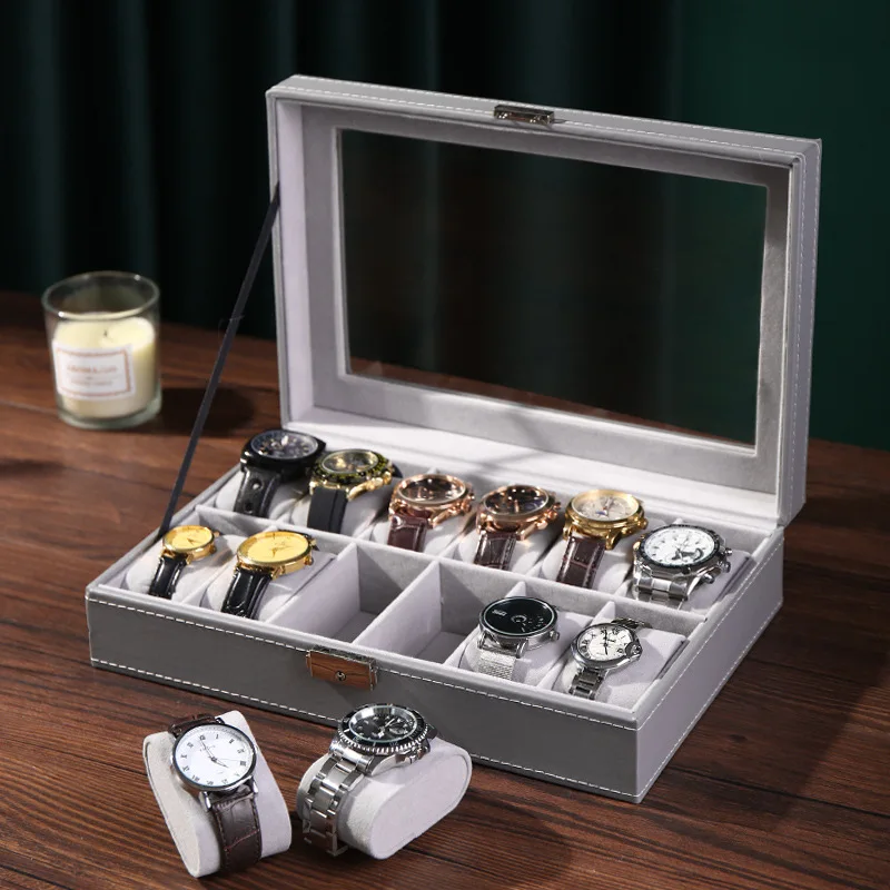 جديد رمادي ساعة جلدية صندوق تخزين صندوق عرض صندوق مجوهرات جمع صندوق جلد عالي Rnd صندوق أكل مع مرآة ماكياج #2