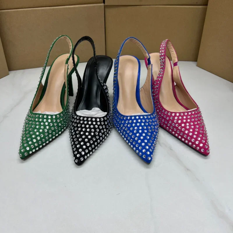 Bombas de diamantes de imitación de lujo para mujer, zapatos de tacón alto con punta estrecha, elegantes y sexys, para fiesta de boda y oficina