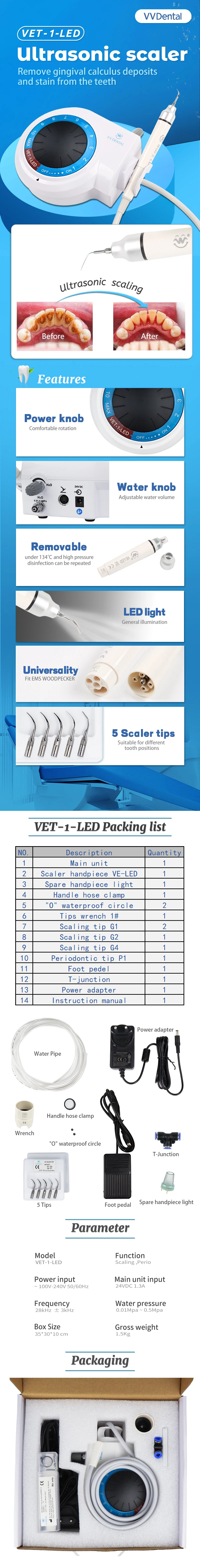 VET-1-LED Dentaler Ultraschall-Scaler mit LED-Licht-Handstück, tragbares Zahnreinigungsgerät, Zahnstein- und Fleckenentferner für Zahnkliniken – Detail 2