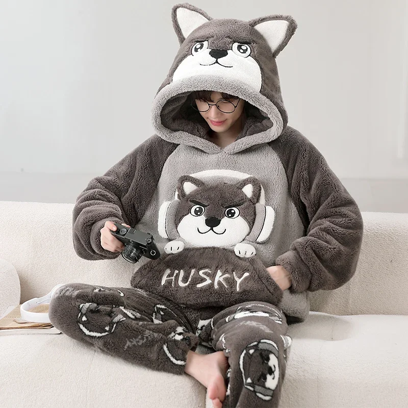 Winter Pajamas Sets Men Coral Fleece Male Sleepwear Thicken Pijamas Clothes Cartoon Dog Kawaii Pullover Night Wears for Wome