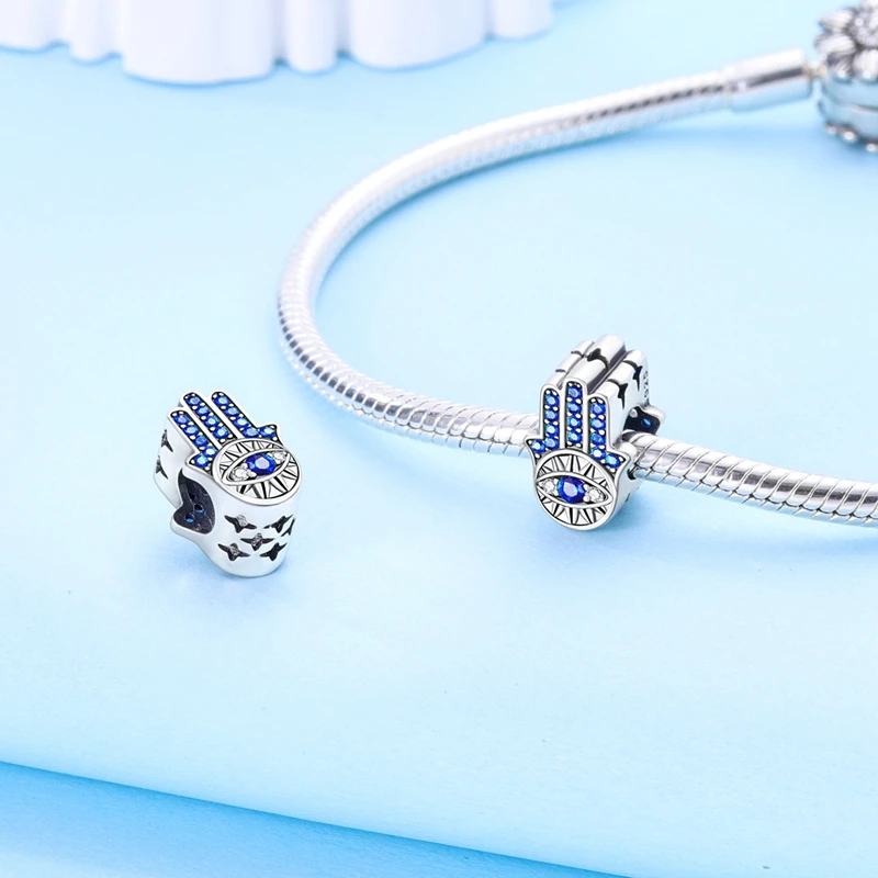 925 Sterling Silber blaue Augen und Palme Charms Kreuzigung Perlen Frauen Freundinnen Schmuck Geschenk – Detail 17