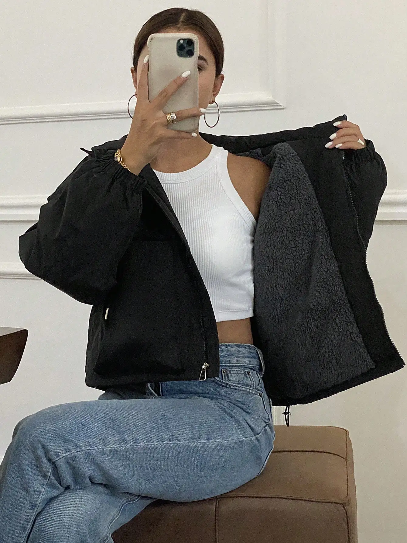 

Женская черная куртка-пуховик с флисовой подкладкой, повседневное зимнее пальто для ежедневной носки