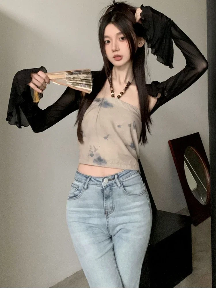 캐미솔 세트 여성 2pcs 레트로 섹시한 자른 슬림 자켓 간단한 모든 경기 플레어 슬리브 Sun-proof Hot Girls 한국 스타일 여름