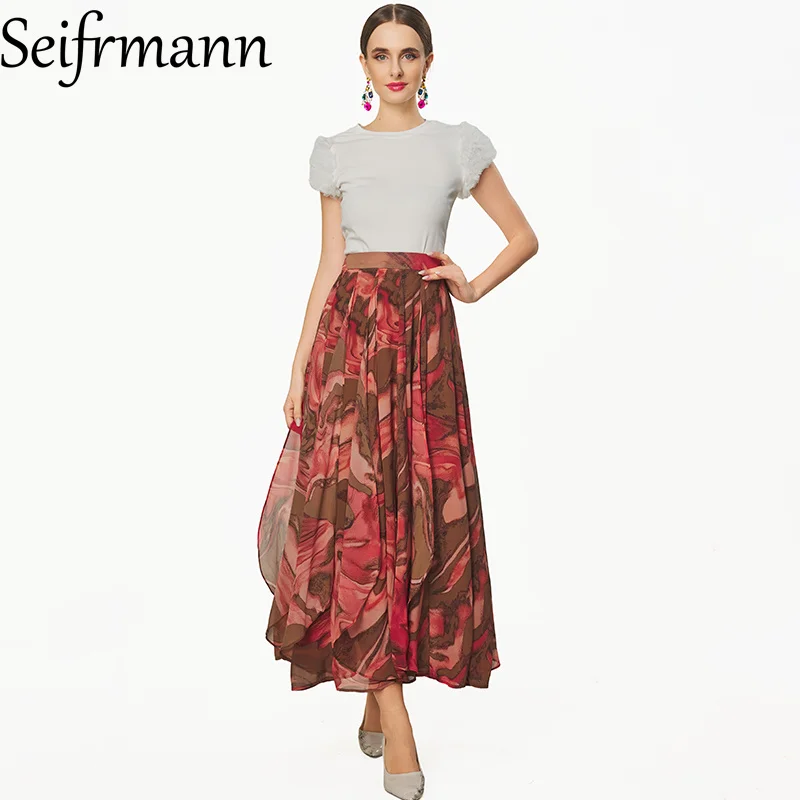 

Seifrmann Round neck short-sleeved solid color top + printed skirt casual suit 2026 summer new women's clothing