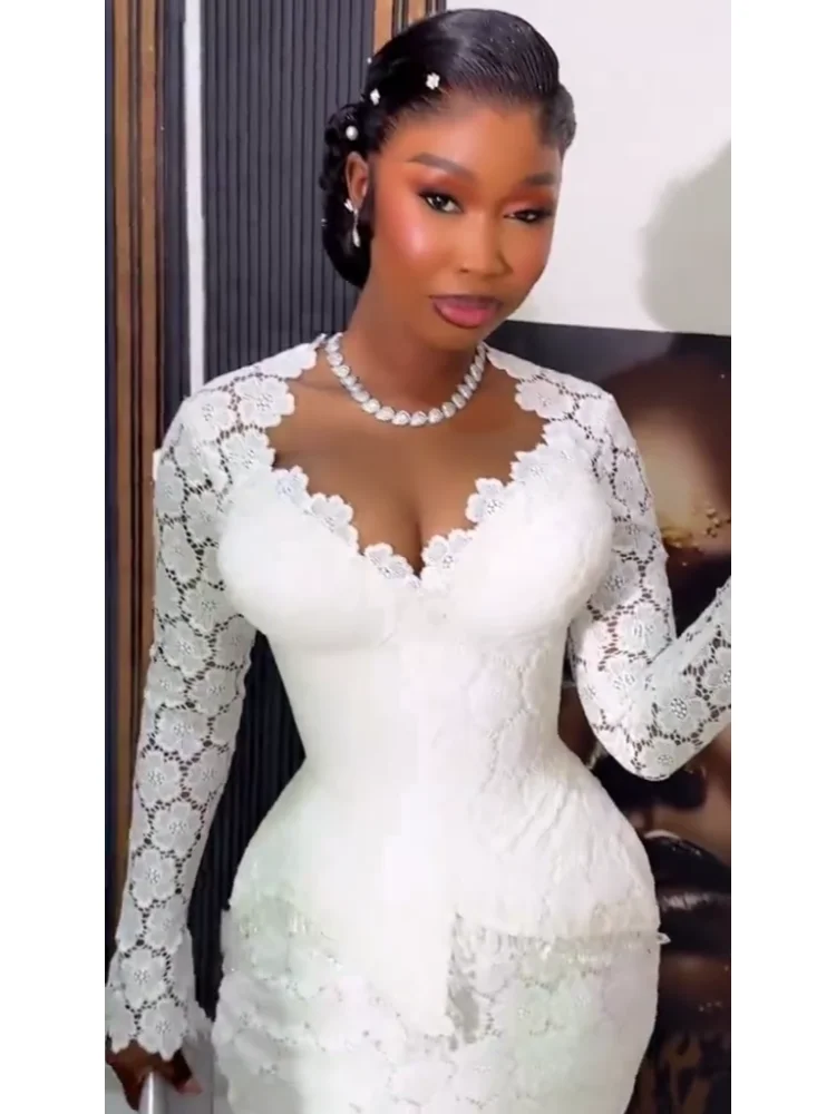 Customized 2026 New African Mermaid Wedding Dress White Decal Lace V-neck Long Sleeve Mermaid Vestdos De Novia