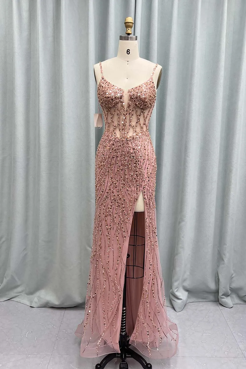 YQLNNE Rose Gold Pearls Beaded High Slit Prom Dresses Spaghetti Long Mermaid Formal Gowns