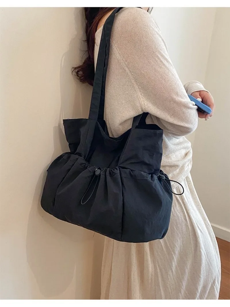 CEEKAY Solid Wrinkle Tragetasche mit Kordelzug, seitlicher elastischer Verschluss, breiter Stoffriemen, für Damen, Alltag, Schule, große lässige Schultertasche – Detail 26