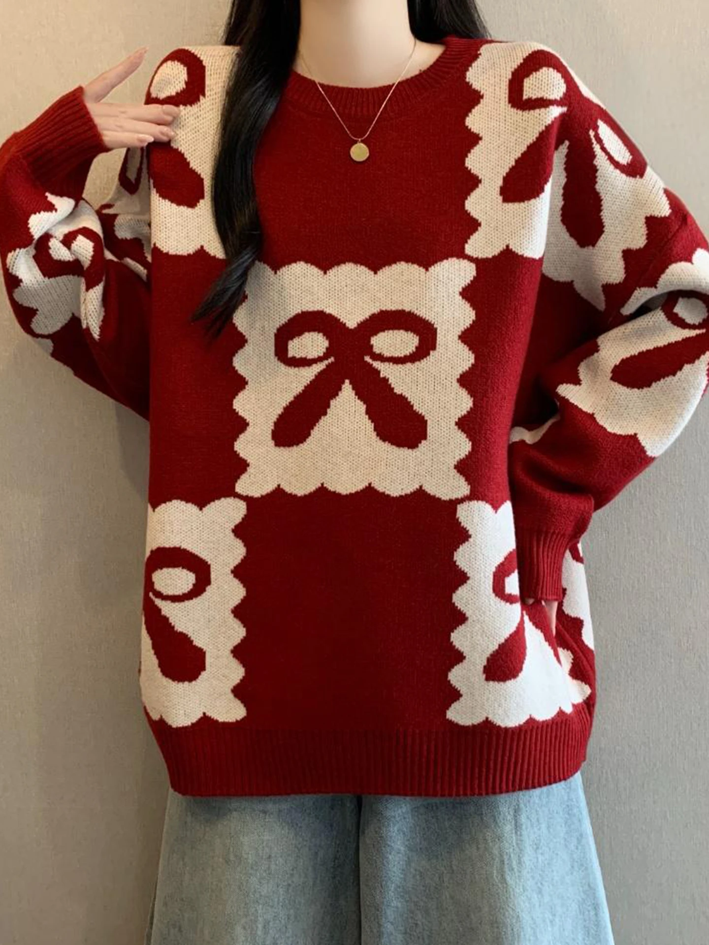 

Красный вязаный свитер оверсайз с бантом для женщин, осенне-зимний, свободный, в стиле lazy, верхняя одежда с длинными рукавами и круглым вырезом