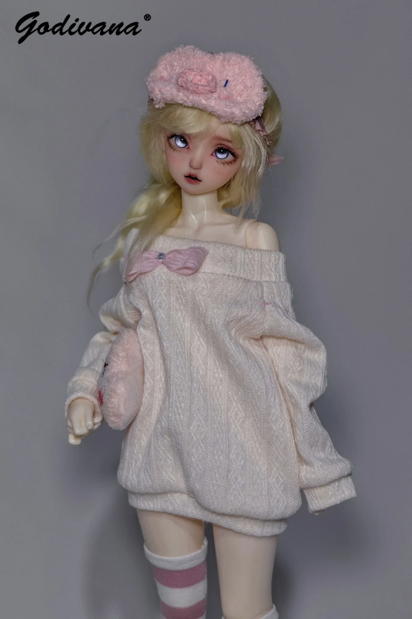 1/4 BJD Doll Clothes Set Soft Casual Off Shoulder Loose Knitted Top Pink Plush Pig Eye Mask Striped Socks for 1/4 BJD Doll