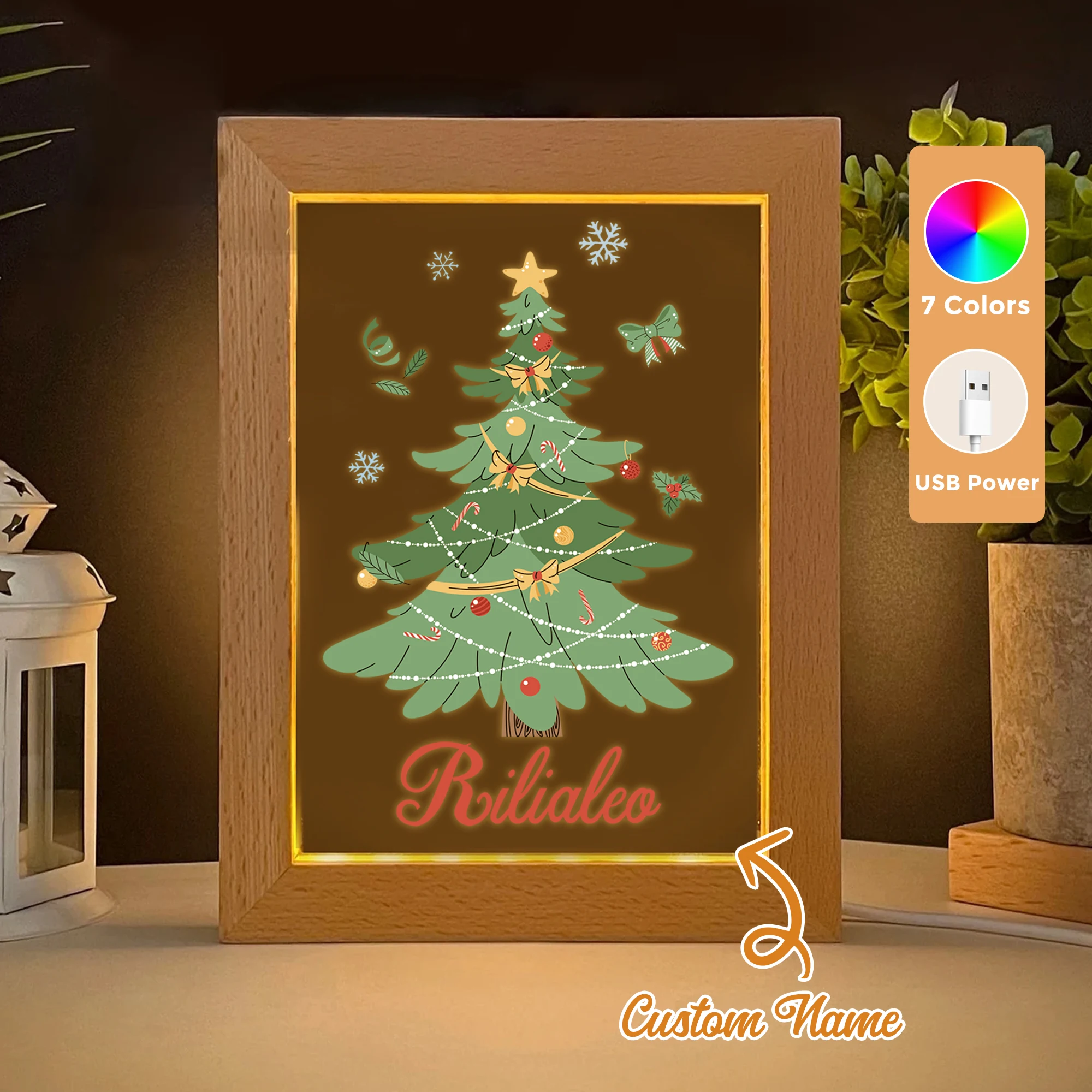 

Custom Name Bow Snowflake LED Acrylic Night Light Wood Photo Frame 21x17cm Christmas Cartoon Children Bedroom Gifts Home Decor