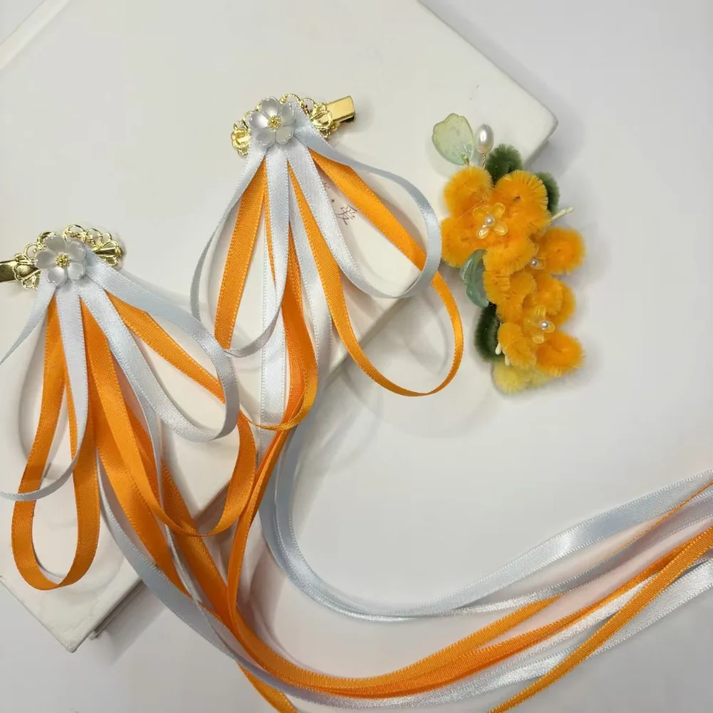 Fashion Floral Yellow Flower Hairpin Bowknot Suede Chinese Style Hair Clip Cloth Cute Long Streamer Barrettes Female