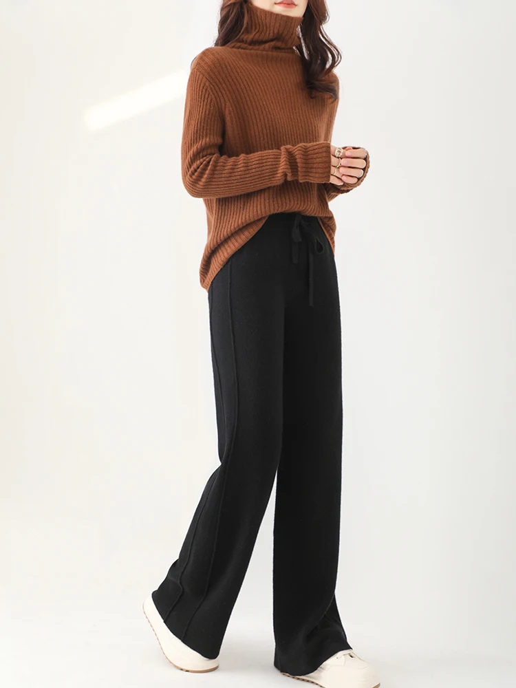 2024 Fashion Autumn Winter Thickened Wide Leg Pants For Women 100% Merino Wool Warm Soft Cosy Cashmere Knitwear Double Side