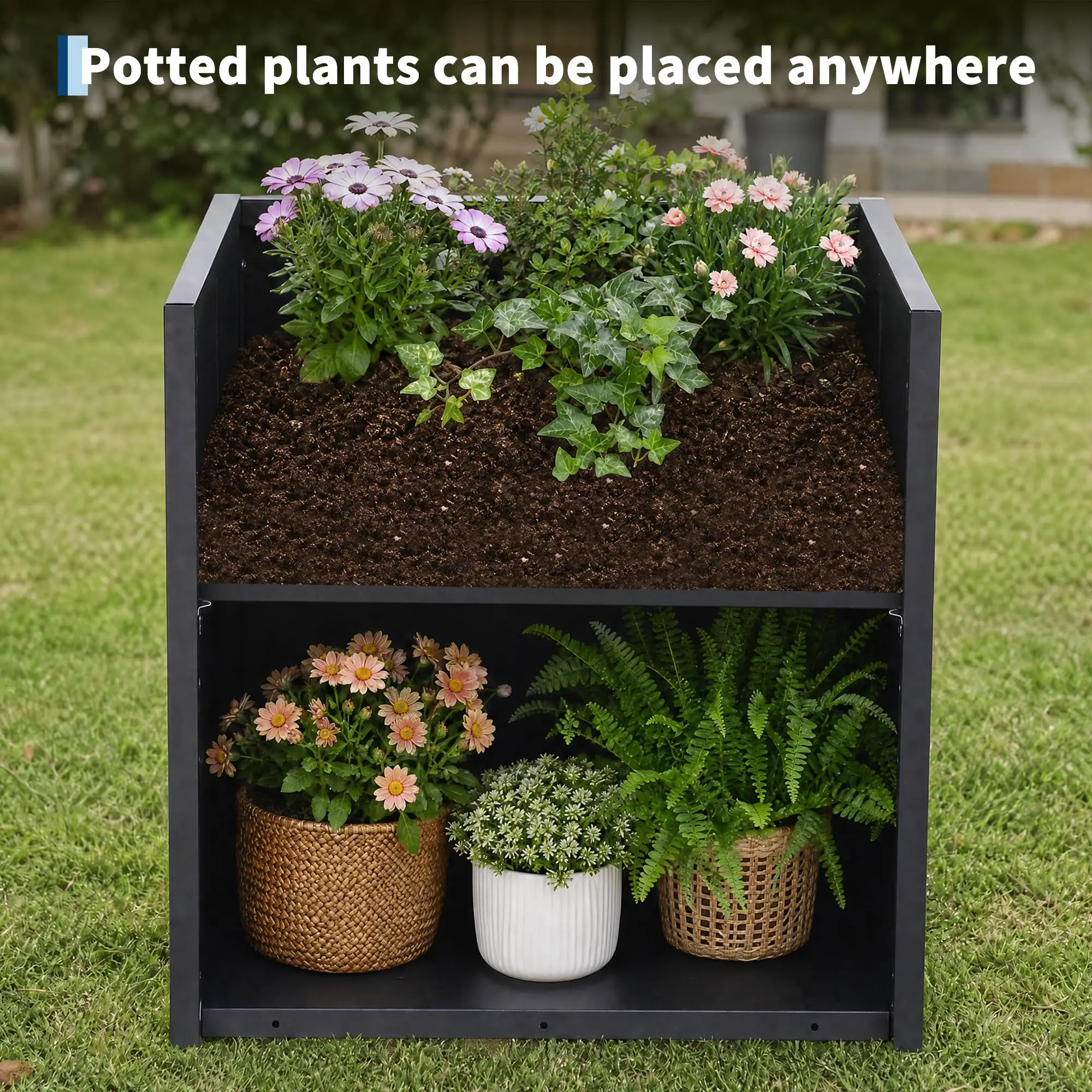 Heavy-Duty Square Metal Planter Box / Raised Garden Bed Cube - Double-Layer Iron Frame - Adjustable Divider for Vegetables & Flowers - Outdoor Patio/Porch/Backyard