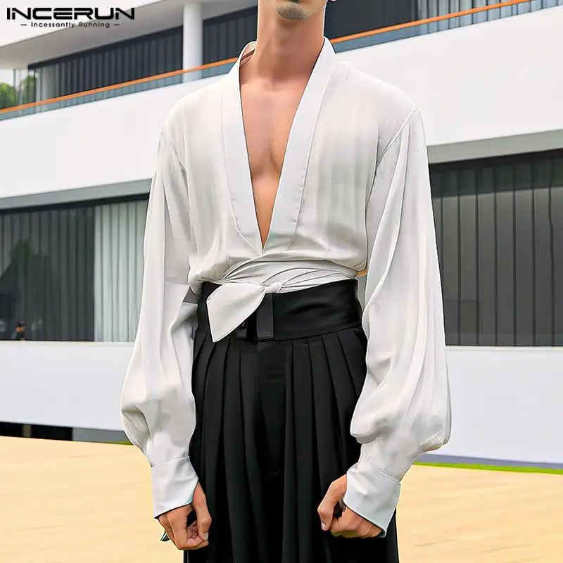 2024 Men Shirts Solid Color Satin V Neck Long Sleeve Male Irregular Shirt Streetwear Loose Fashion Casual Camisas S-2XL INCERUN
