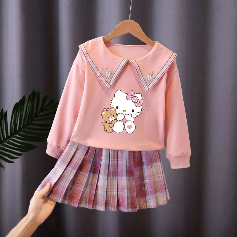 2Pcs Kawaii Anime Sanrioed Hello Kittys Kids Fashion Jk Suit Kuromi Cinnamoroll Pleated Skirt Preppy Style Spring Girls Clothes